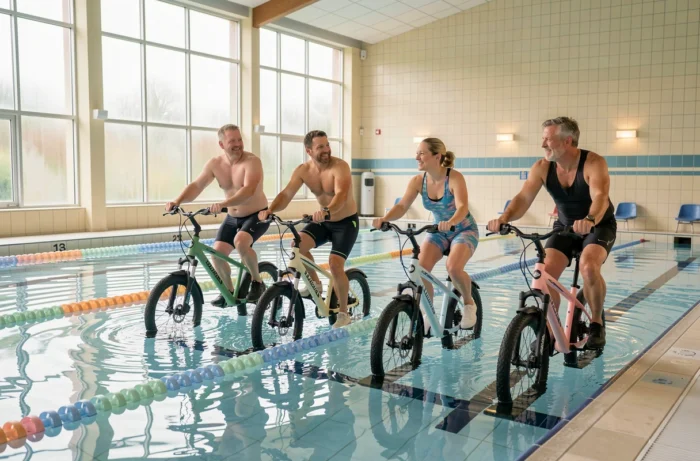 Cours collectif d'aquabike en piscine municipale à Tours, groupe d'adultes sur vélos aquatiques