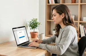 Femme créant un compte MyFoncia sur un ordinateur portable dans un bureau à domicile moderne