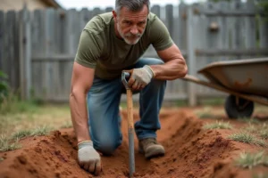 Homme creusant un trou dans une terre battue avec un tire-fond manuel dans un jardin extérieur