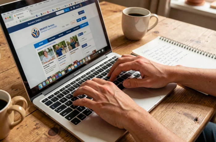 Mains tapant sur un ordinateur pour effectuer une démarche en ligne concernant un paiement Pôle emploi manquant