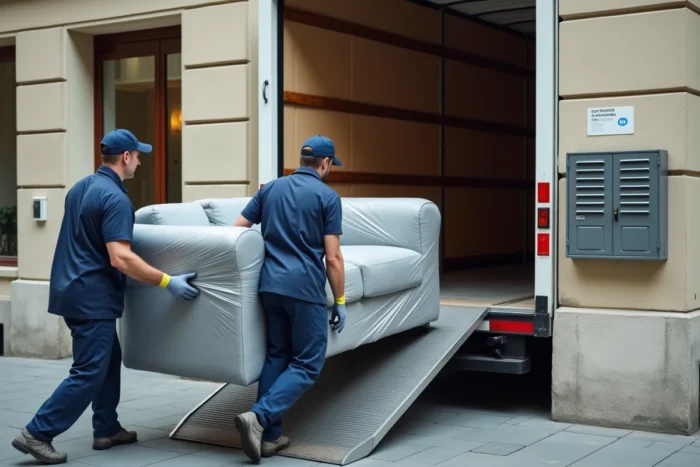 Deux déménageurs professionnels chargeant un canapé emballé dans un camion 15m3 via une rampe métallique devant un immeuble parisien