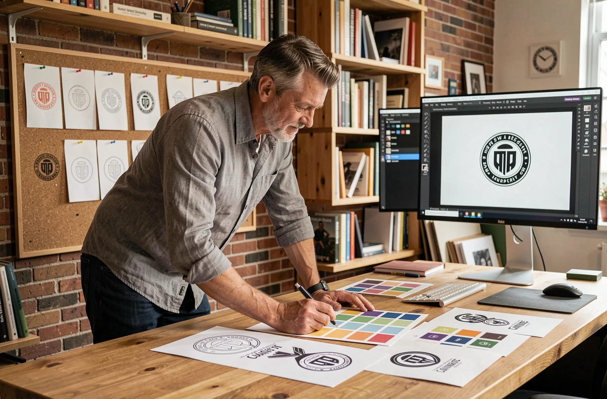 Designer graphique travaillant sur des esquisses d'identité visuelle et de logo dans un studio de création, symbolisant le processus de conception du logo Castorama