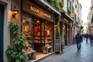 Devanture de la boutique Bazaar & Compagnie sur une rue pavée avec vitrine colorée et enseigne en bois peint à la main