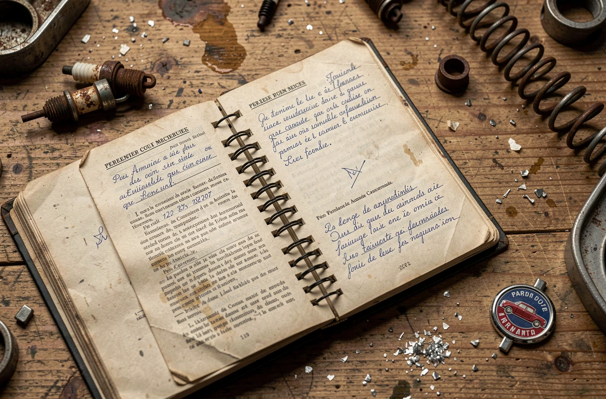 Dictionnaire de jargon automobile français ouvert sur un établi de mécanicien avec des notes manuscrites et des pièces vintage