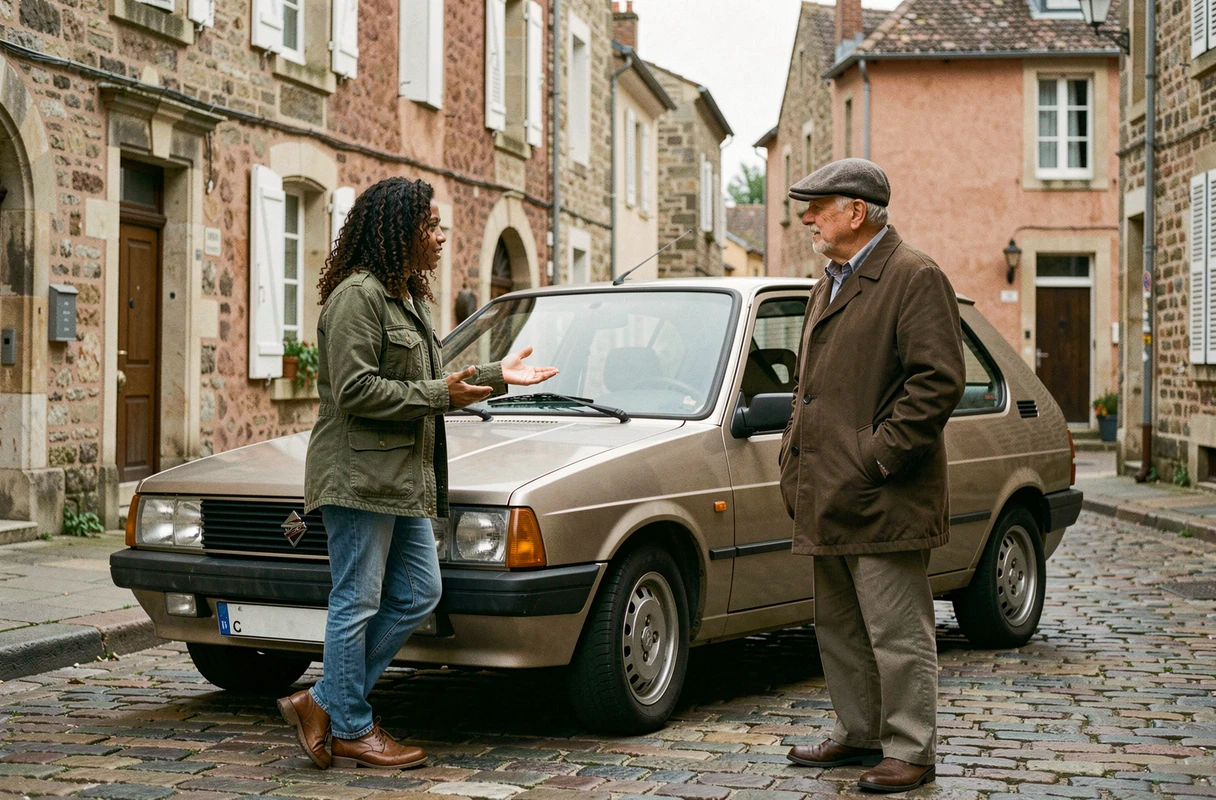 Jeune femme et homme âgé discutant d'une voiture ancienne garée sur une rue pavée d'une ville de province française
