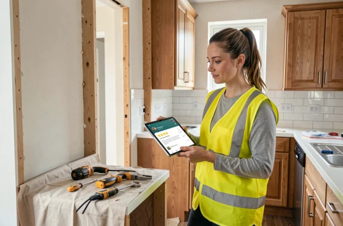 Électricienne professionnelle consultant les avis Depanneo sur tablette lors d'une intervention