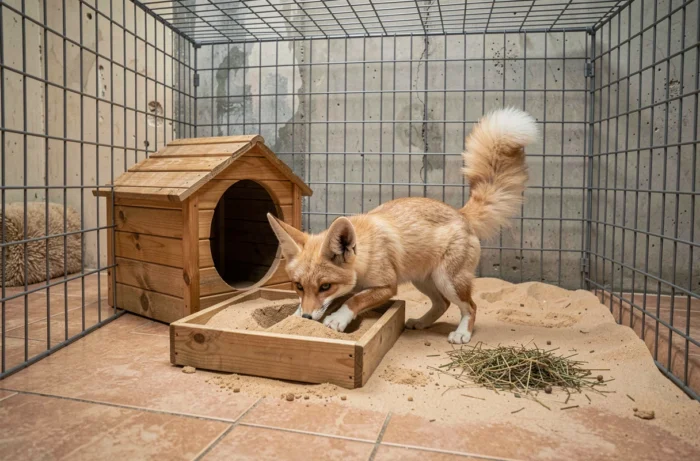 Fennec en train de creuser dans un bac à sable à l'intérieur d'un enclos aménagé à domicile, montrant les besoins en espace et enrichissement de l'espèce