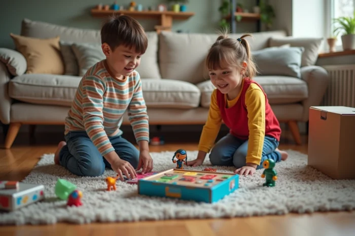 Deux enfants jouant avec des jouets achetés chez Smyths Toys dans un salon familial