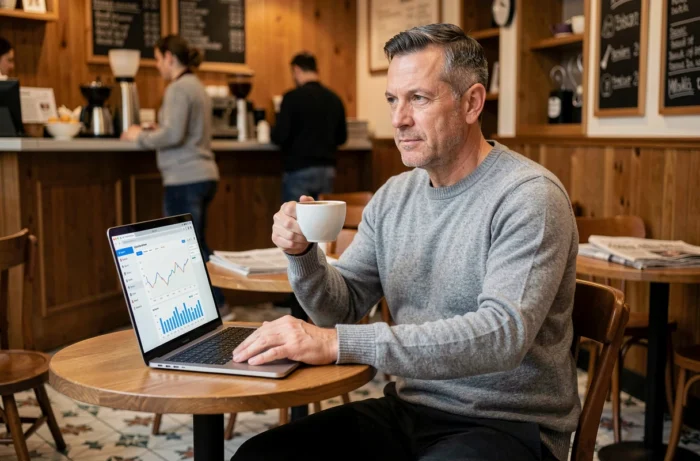 Entrepreneur travaillant sur une analyse de performance business depuis un café avec un ordinateur portable