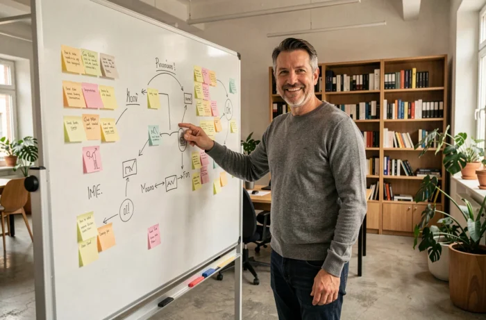 Entrepreneur français présentant sa stratégie sur un tableau blanc dans un bureau moderne