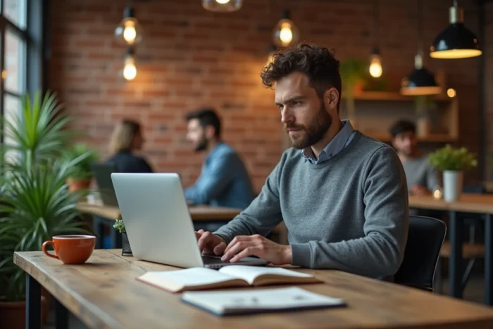Entrepreneur concentré sur sa stratégie d'entreprise dans un espace de coworking urbain