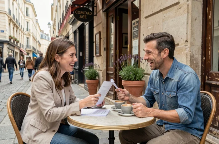 Deux entrepreneurs français discutant d'un projet d'entreprise en terrasse de café à Bordeaux