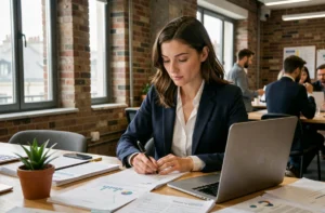 Entrepreneuse française concentrée sur son plan d'affaires dans un espace de coworking parisien