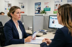 Femme en entretien avec un conseiller Pôle emploi dans une agence pour l'emploi moderne