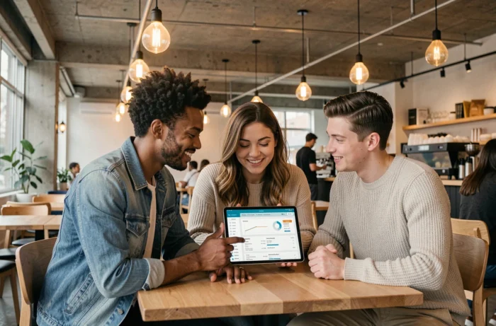 Équipe de jeunes professionnels collaborant sur des offres d'abonnements promotionnels autour d'une tablette dans un coworking