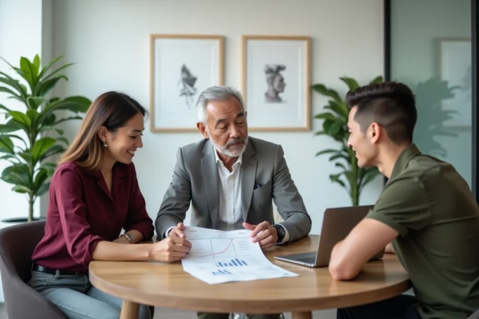 Équipe de professionnels collaborant sur une feuille de route business lors d'une réunion stratégique