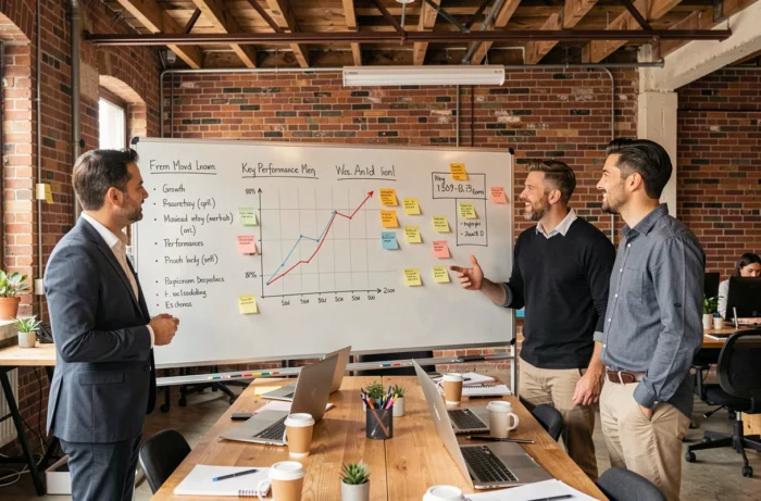 Équipe d'entrepreneurs en séance de brainstorming autour d'un tableau blanc avec des indicateurs de croissance business