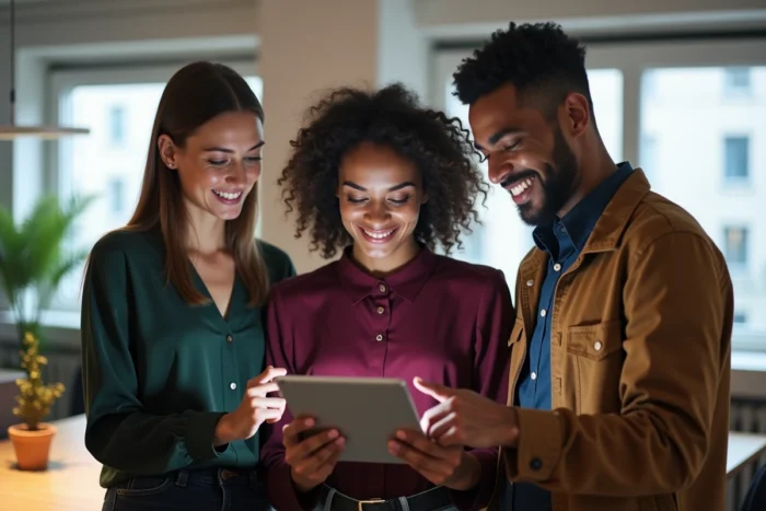 Groupe de professionnels collaborant autour d'une tablette affichant une visite virtuelle immobilière interactive