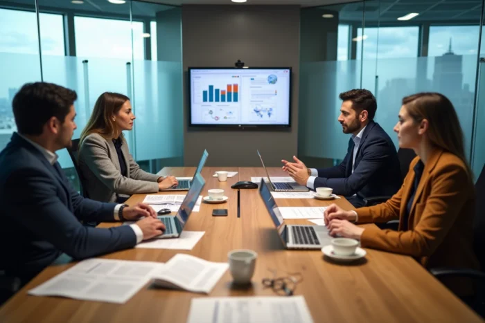 Équipe de professionnels en réunion de gestion de projet autour d'une table de conférence moderne