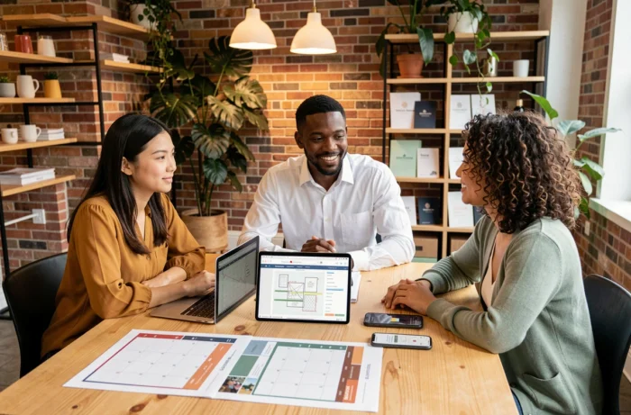 Équipe pluridisciplinaire collaborant autour d'une stratégie digitale pour améliorer la visibilité d'une entreprise dans un espace de coworking moderne