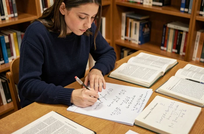 Étudiante écrivant des formules trigonométriques cos a plus cos b sur du papier quadrillé dans une bibliothèque universitaire
