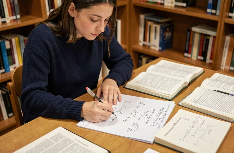 Étudiante écrivant des formules trigonométriques cos a plus cos b sur du papier quadrillé dans une bibliothèque universitaire