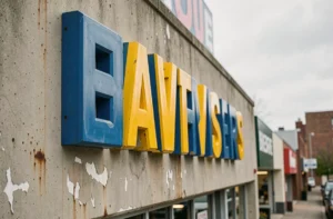 Ancienne enseigne d'un magasin de bricolage avec typographie géométrique bleue et jaune sur façade en béton, évoquant l'évolution historique du logo Castorama