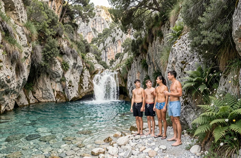 Famille au bord de la cascade de la Vis dans les gorges du Gard, baignade naturelle en eau turquoise entourée de falaises calcaires