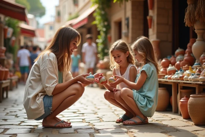 Mère et enfants explorant un marché artisanal méditerranéen en famille, examinant des souvenirs en céramique colorés