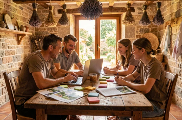Famille planifiant son itinéraire de vacances dans un gîte en pierre de la Dordogne