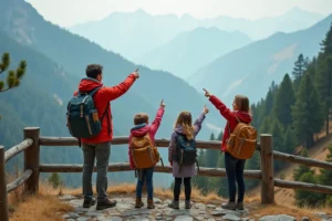 Famille de quatre personnes admirant un panorama de montagne lors d'une randonnée, parents et enfants pointant vers la vallée alpine