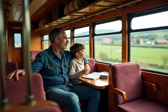 Père et adolescent assis dans un compartiment de train vintage, regardant le paysage rural défiler par la fenêtre en voyage en famille