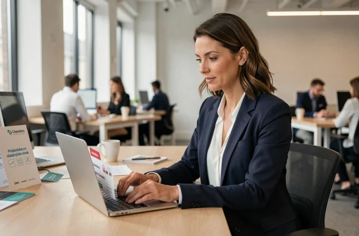 Femme d'affaires analysant des offres d'abonnements promotionnelles sur un ordinateur portable dans un bureau moderne