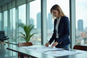 Femme d'affaires analysant des graphiques de performance dans un bureau moderne avec vue sur la ville
