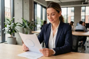 Femme d'affaires analysant une stratégie de développement business dans un bureau moderne en 2024