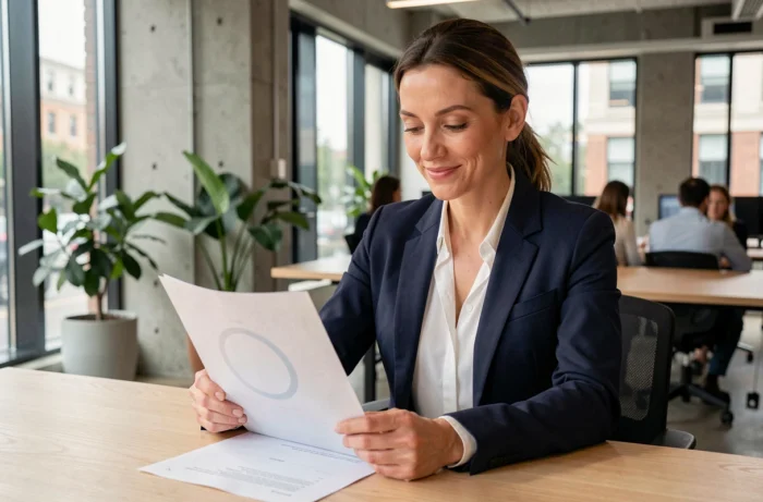 Femme d'affaires analysant une stratégie de développement business dans un bureau moderne en 2024
