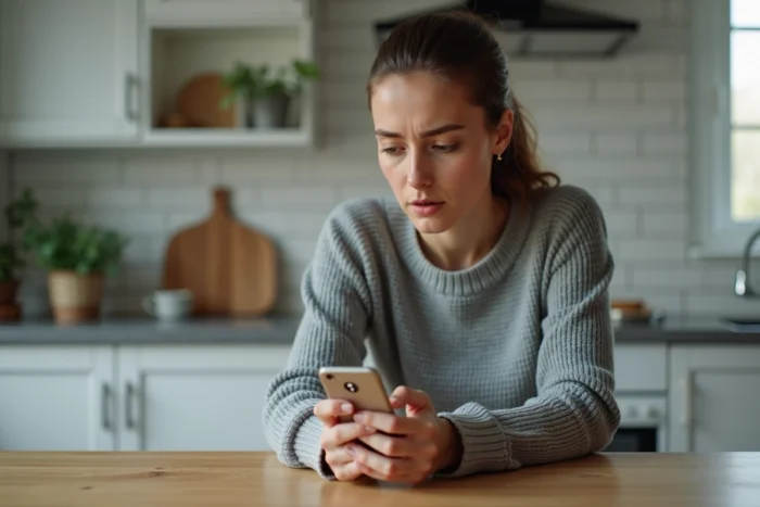 Femme consultant son smartphone face à un appel entrant d'un numéro de portable inconnu
