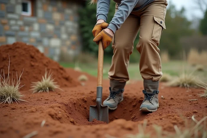 Femme utilisant une barre de terrassement pour percer une terre battue compacte en extérieur