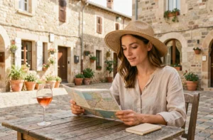Femme consultant une carte en terrasse dans un village provençal pendant ses vacances en France