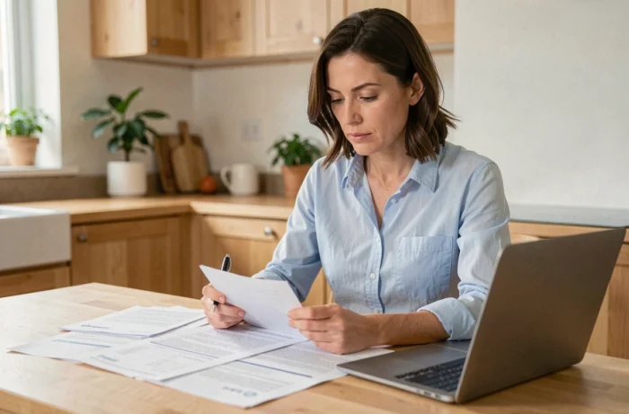 Femme comparant des contrats d'assurance sur une table en bois dans une cuisine moderne