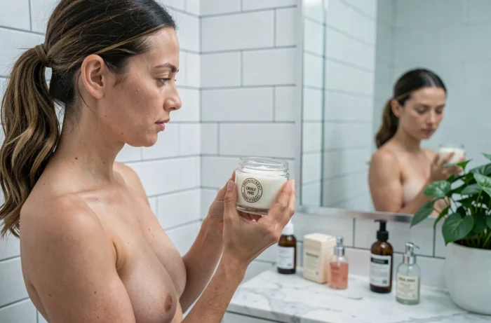 Femme inspectant la certification cruelty-free d'une crème naturelle dans sa salle de bain
