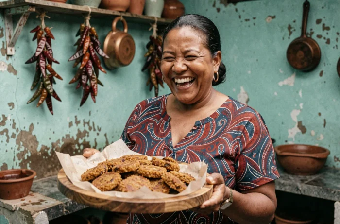 Femme créole souriante présentant un plateau d'accras de morue dans une cuisine antillaise rustique