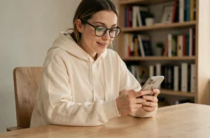 Jeune femme découvrant un phénomène viral sur son smartphone, illustrant l'impact des tendances éphémères sur les réseaux sociaux