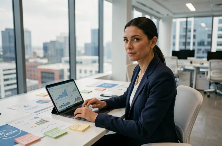 Femme entrepreneur analysant des outils digitaux et tableaux de bord marketing dans un bureau moderne pour améliorer la visibilité de son entreprise