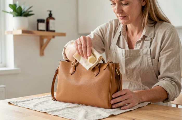 Femme appliquant du fiel de bœuf sur un sac à main en cuir beige avec un chiffon doux pour l'entretien et la préservation du cuir