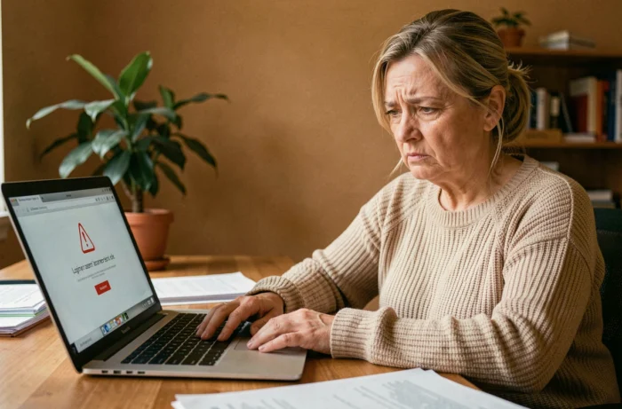 Femme frustrée devant un ordinateur portable affichant une erreur de connexion à sa messagerie Laposte.net