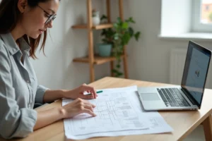 Femme étudiant une carte de site imprimée sur un bureau en bois dans un bureau à domicile moderne