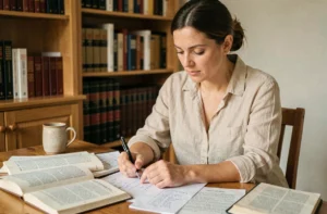 Femme étudiant la conjugaison du verbe faire avec des livres de grammaire française ouverts sur un bureau en bois