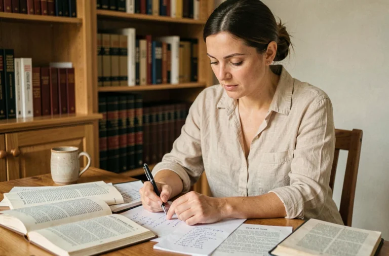 Femme étudiant la conjugaison du verbe faire avec des livres de grammaire française ouverts sur un bureau en bois