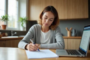Femme à domicile remplissant un formulaire administratif Pajemploi pour obtenir son numéro Siret d'emploi à domicile